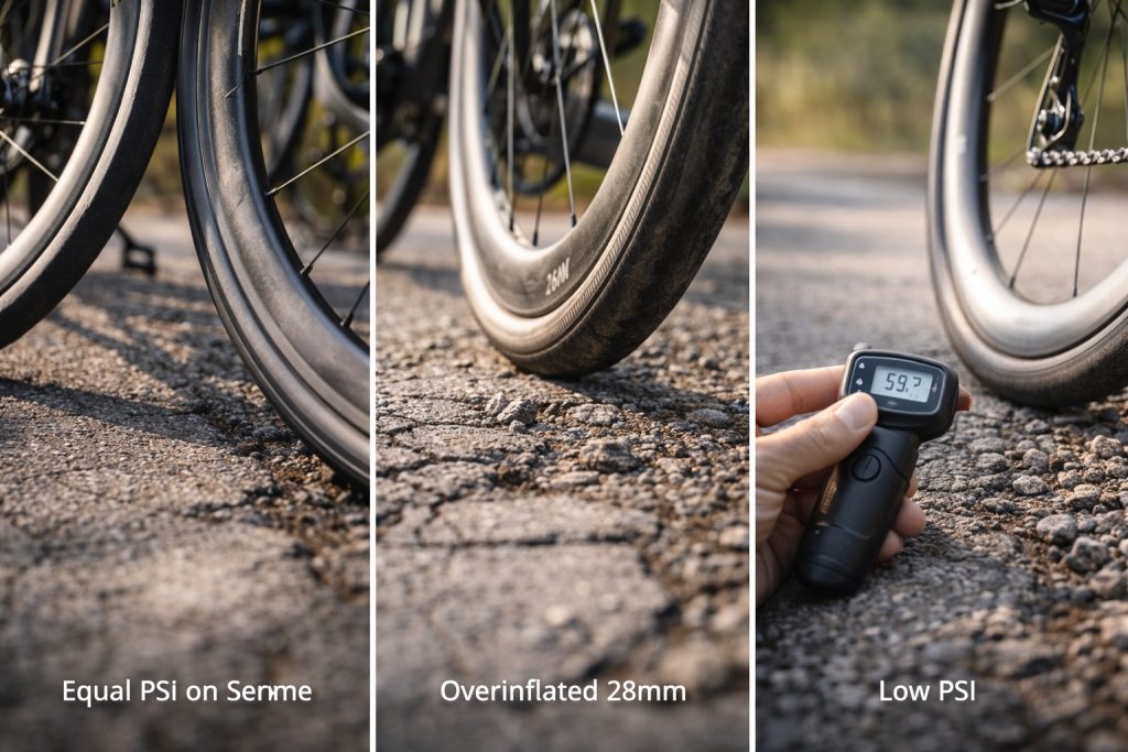 Close-up of road bike tyres on rough asphalt with digital pressure gauge showing PSI, illustrating common tyre pressure mistakes like equal front and rear PSI and overinflation.