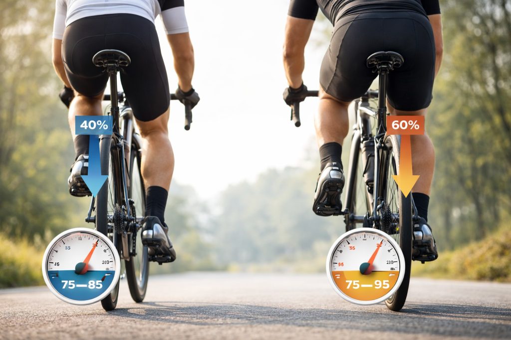 Two road cyclists riding from behind on smooth asphalt showing rear wheel weight distribution and tyre compression difference related to rider weight and PSI setup.