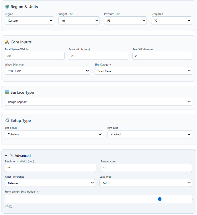 Tyre pressure calculator input fields showing 80 kg weight, 28 mm tyres, tubeless setup, and rough asphalt