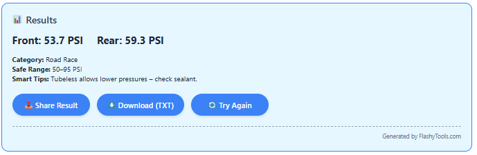 Road bike tyre pressure calculator result displaying 53.7 PSI front and 59.3 PSI rear