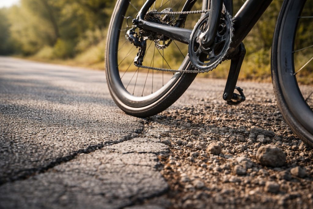 Close-up of a road bike tyre rolling from smooth asphalt onto rough cracked pavement showing surface impact on tyre pressure and grip.