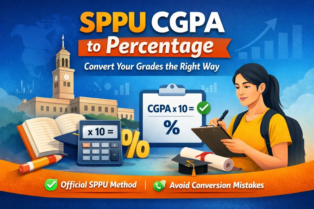 SPPU CGPA to percentage conversion illustration showing CGPA × 10 formula with calculator and student.