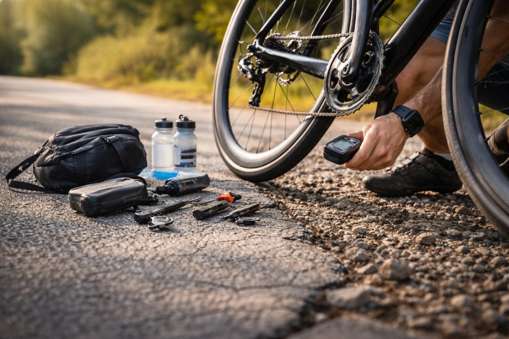 Cyclist checking road bike tyre pressure with digital gauge beside water bottles tools and gear on asphalt road showing total system weight impact.