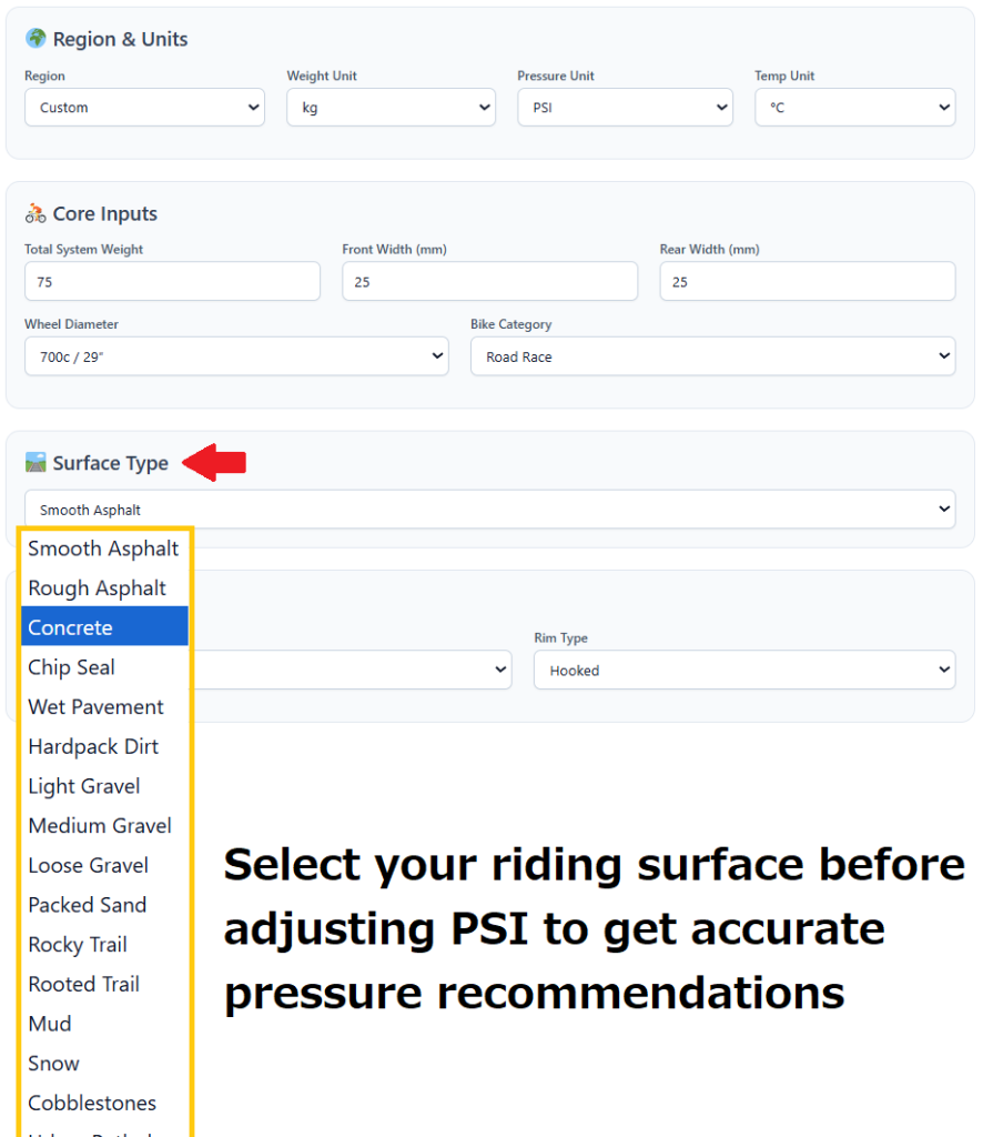 Tire pressure calculator surface selection including asphalt, gravel, dirt, mud and snow
