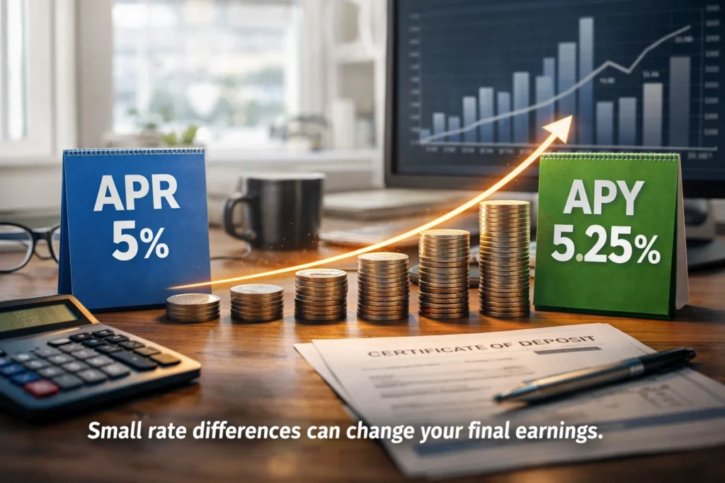 APR vs APY CD comparison with coin growth and calculator on desk showing compounding impact