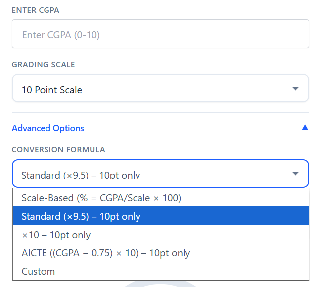 CBSE CGPA to Percentage Calculator tool interface showing formula options