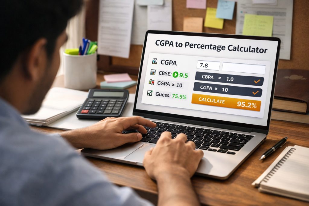 Student reviewing CGPA to percentage conversion methods on a laptop screen, showing incorrect formulas and calculator tools.