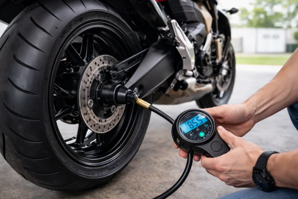 Motorcycle tire pressure check using a digital gauge on the rear wheel.