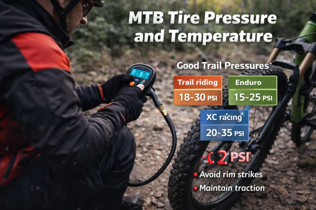 Mountain biker checking tire pressure with a digital gauge on a knobby MTB tire.
