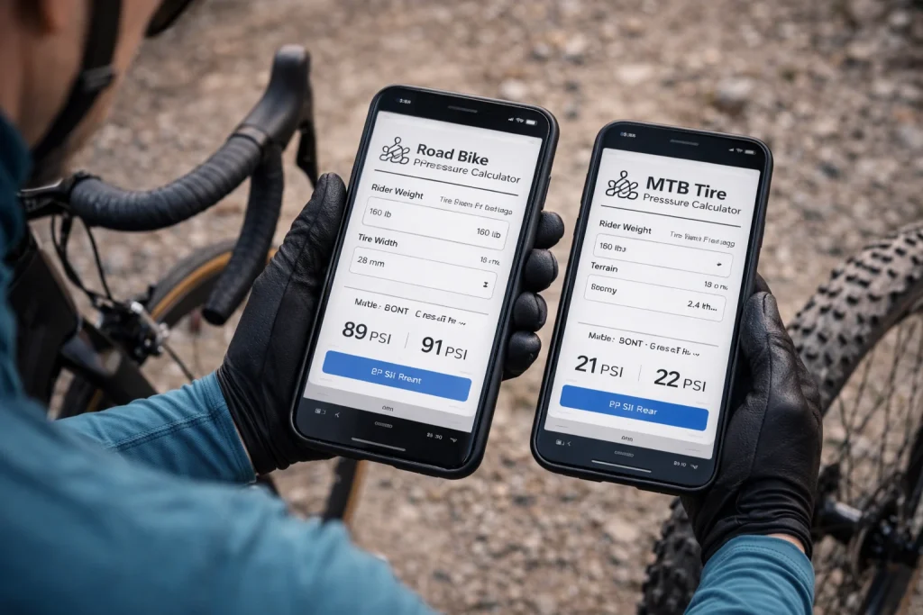 Road bike on pavement and mountain bike on rocky trail beside a laptop showing road and MTB tire pressure calculator results.