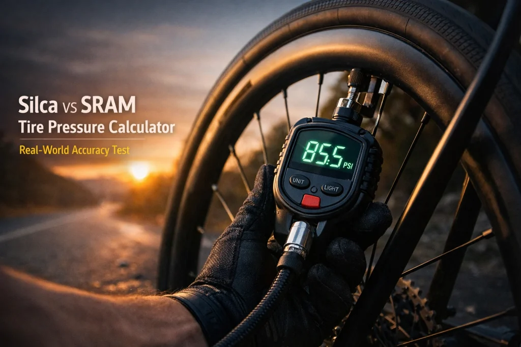 Cyclist checking road bike tire pressure with digital gauge for Silca vs SRAM tire pressure calculator comparison.