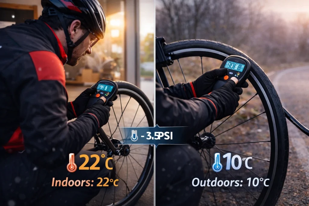 Cyclist checking road bike tire pressure indoors and outdoors showing PSI drop due to temperature change.