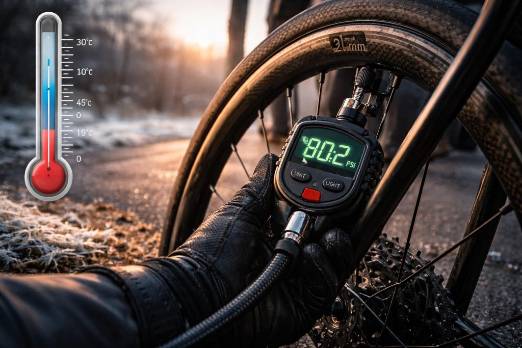Cyclist checking road bike tire pressure in cold temperature showing how weather and rim width affect PSI.