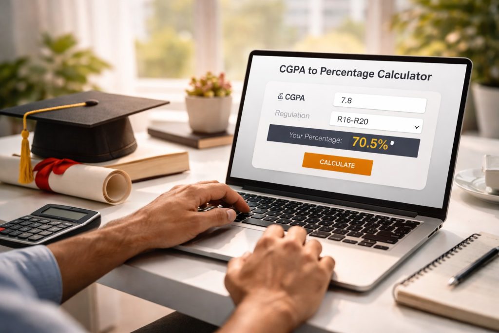 Student using a laptop with a JNTUK CGPA to percentage calculator tool, showing CGPA conversion result on screen.