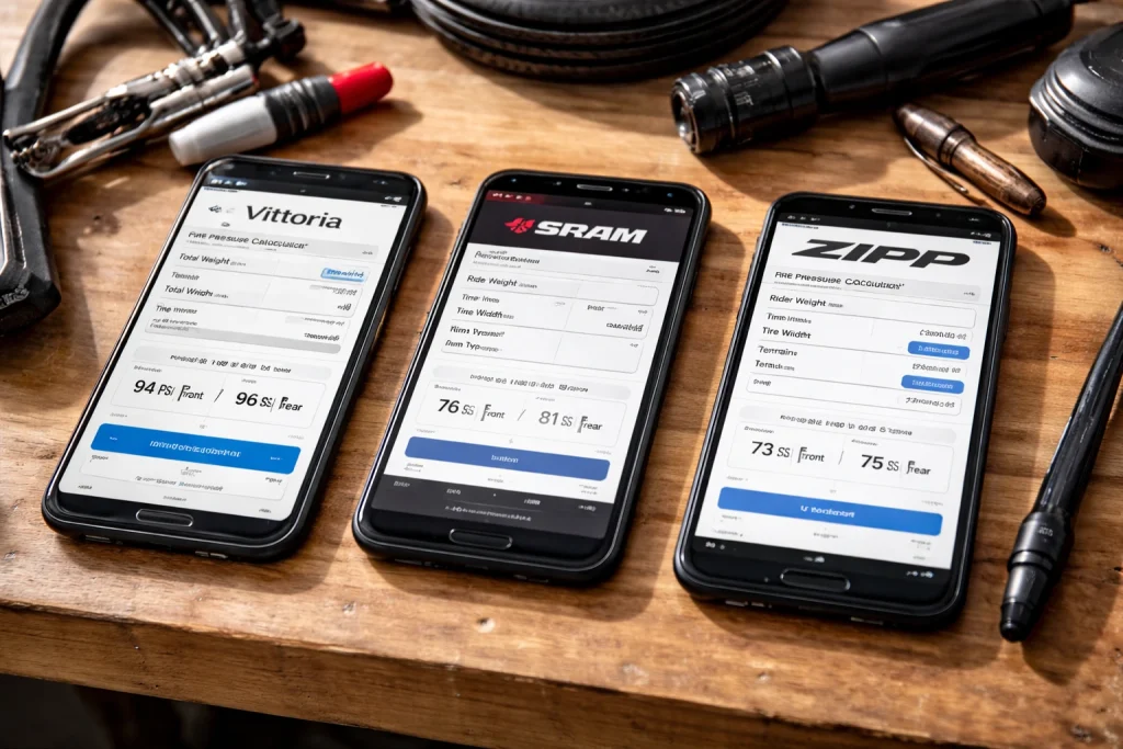 Three smartphones displaying Vittoria, SRAM, and Zipp tire pressure calculators on a workbench with cycling tools.