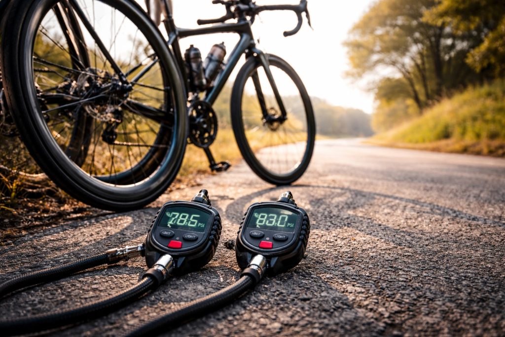 Road bike tires with digital pressure gauges on asphalt showing two different PSI readings during tire pressure comparison.