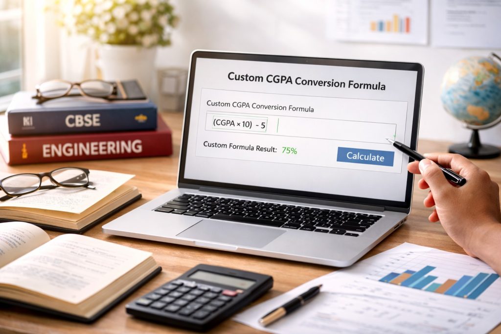 Laptop screen showing custom CGPA to percentage conversion formula with study desk, calculator, books, and academic notes.