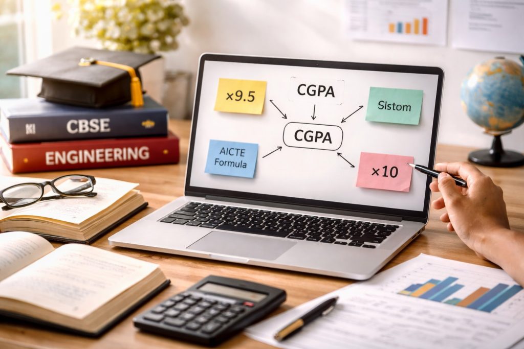 Student desk with laptop showing CGPA conversion methods including CBSE ×9.5, AICTE formula, and CGPA ×10 calculation options.