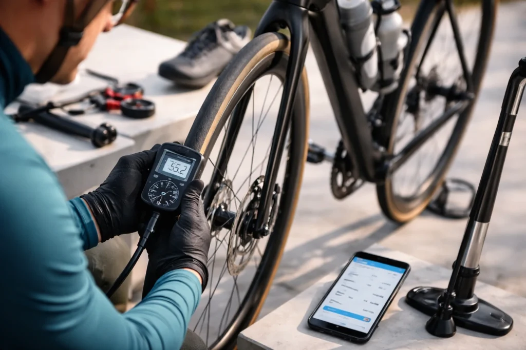 Cyclist using a digital gauge to check road bike tire pressure with pump and smartphone calculator nearby.