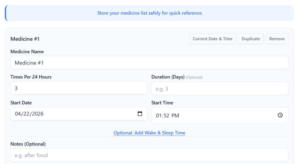 Medicine schedule calculator input form with 3 times per 24 hours and start time set to 1:52 PM.