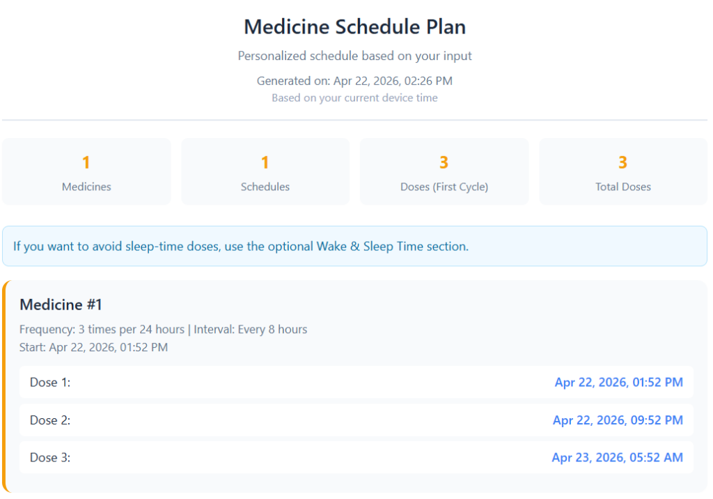 Real output example: a 1:52 PM start time creates 9:52 PM and 5:52 AM doses in a strict 8-hour plan.
