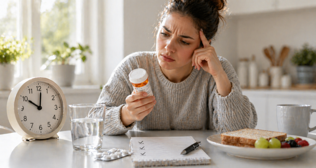 person checking antibiotic medicine bottle with clock and meal setup showing timing confusion