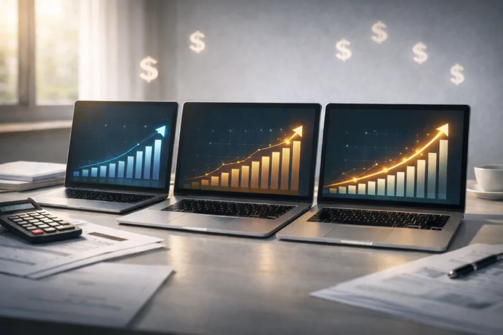 Comparison of CD compounding methods on laptops showing growth charts on modern desk.