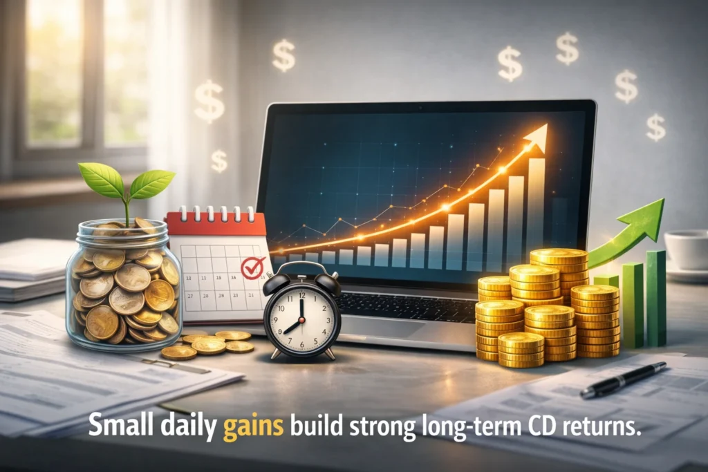 aily compounding CD growth with rising chart, coins, and financial setup on desk.