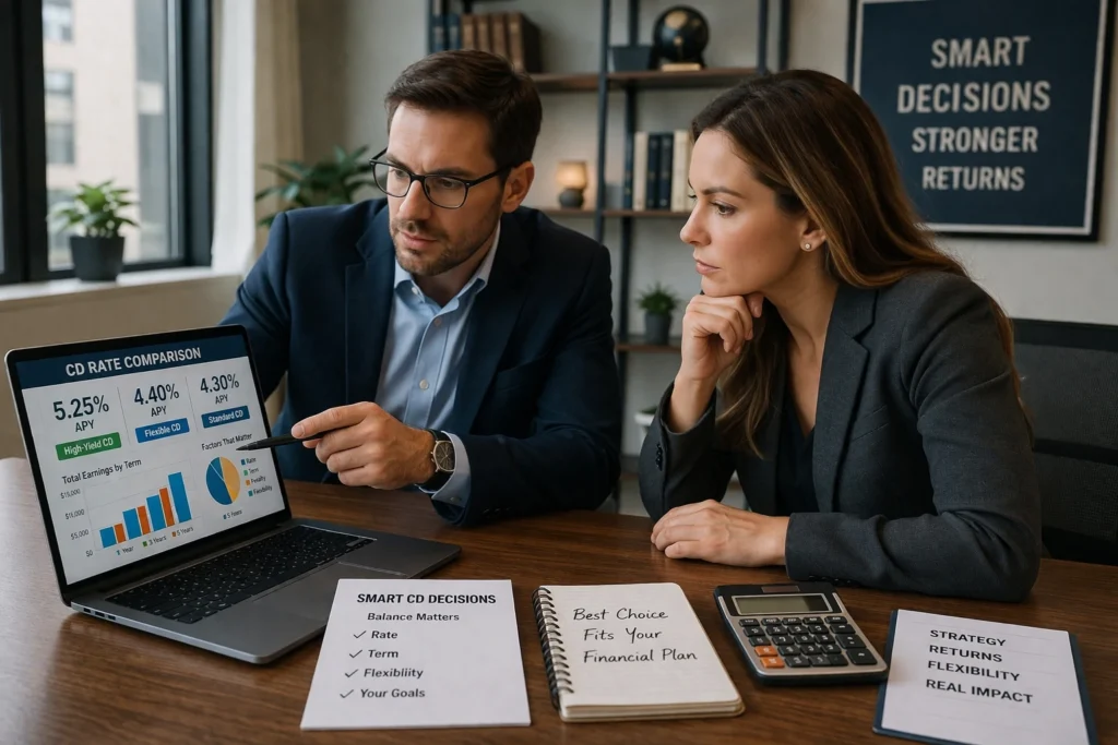 Modern desk with laptop showing rising financial chart, calculator and documents, representing focus on high CD rates without checking full terms.