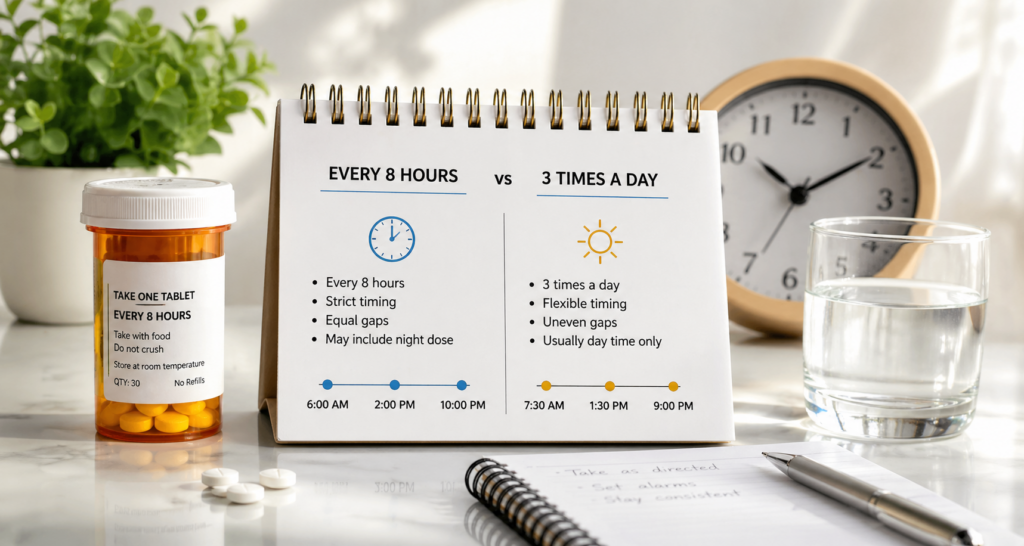 Every 8 hours vs 3 times a day medicine schedule visual with clock and dose timing examples.