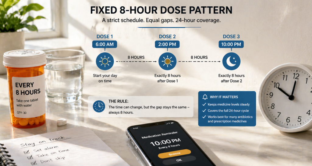 Fixed 8 hour dose pattern showing medicine schedule at 6 AM 2 PM and 10 PM with equal gaps.