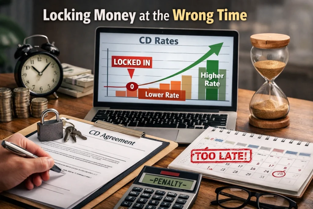 Person signing a CD agreement with a laptop showing rising interest rates, symbolizing locking money at the wrong time and missing higher returns.
