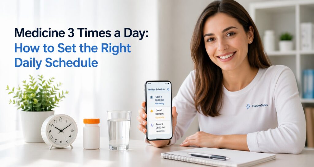 Smiling woman in a bright home setting holding a phone with a 3-times-a-day medicine schedule, with pill bottle, water glass, and clock on the table.