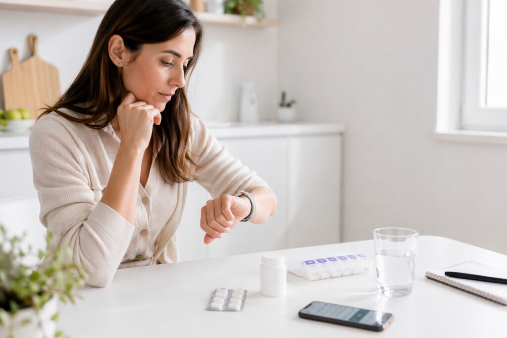 Woman in a bright white kitchen checks her watch beside a pill bottle, blister pack, pill organizer, water glass, and phone after missing a medicine dose.