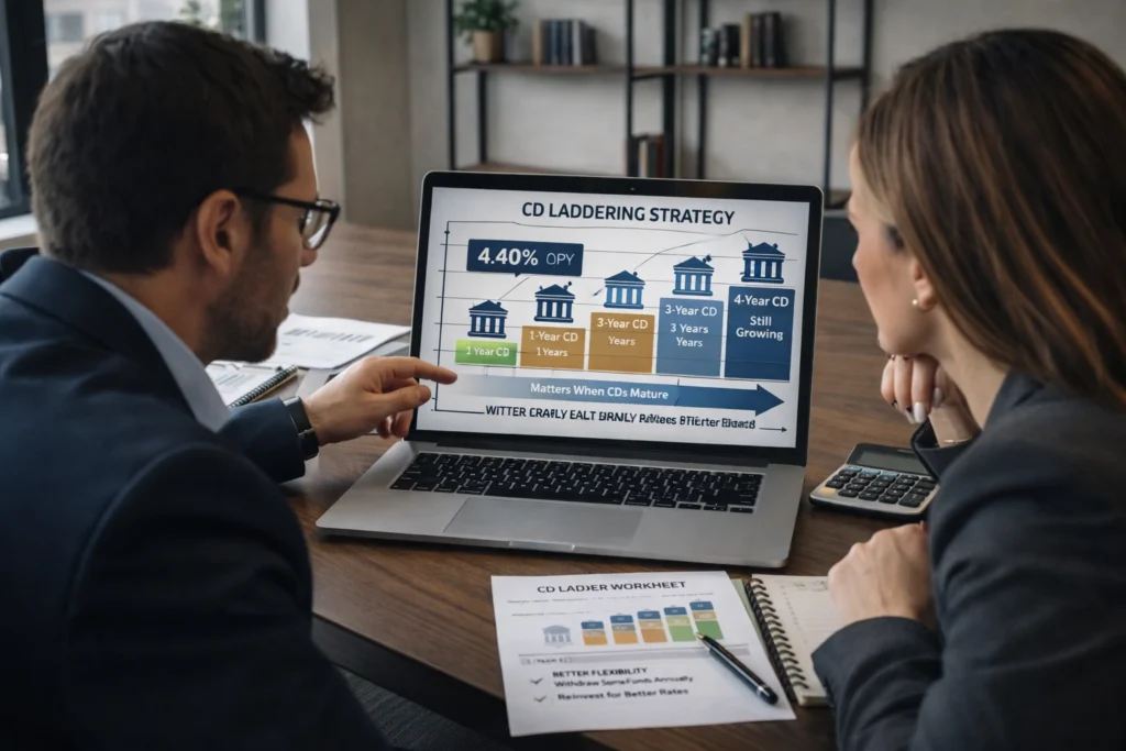 Two professionals analyzing CD laddering strategy on a laptop with charts, documents, and calculator on a modern office desk.