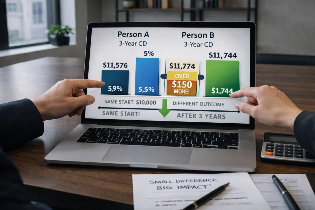 Two professionals reviewing printed financial comparison charts with calculator on desk, showing difference in CD returns without using a laptop.