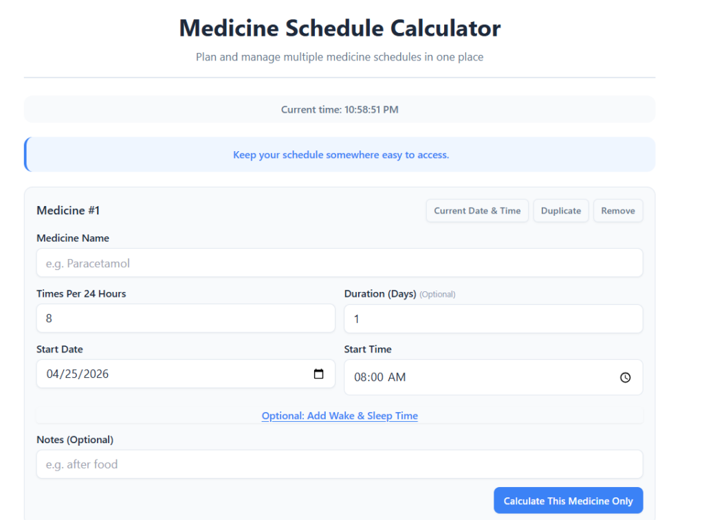 medicine schedule calculator showing start time and 8 hour dose setup