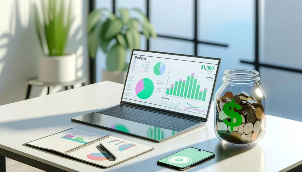 Person planning short term CD savings using laptop and notes.