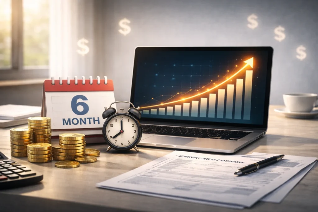 Short-term CD investment setup with laptop growth chart, coins, and financial documents.