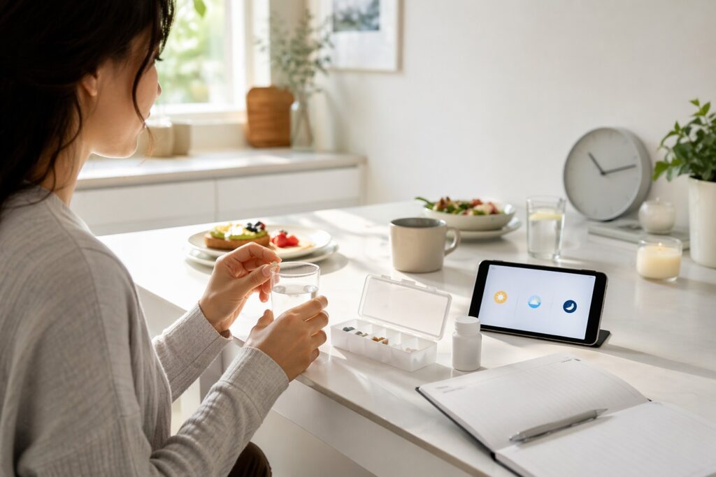 Woman in a bright kitchen taking medicine with water beside a pill organizer, breakfast, notebook, and tablet showing a simple three-times-a-day routine.