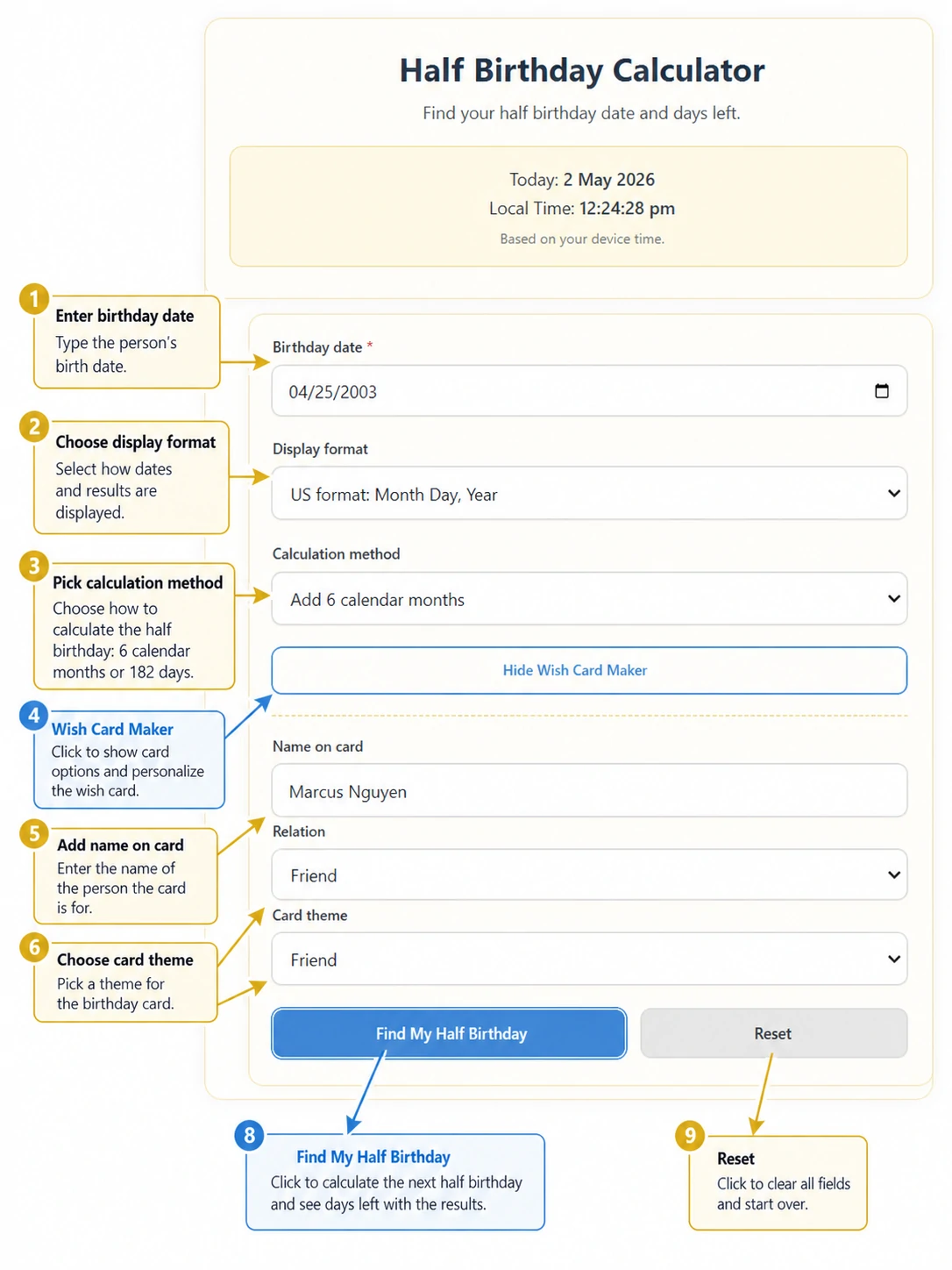 Half Birthday Calculator input fields showing birthday date, format, method, and wish card options