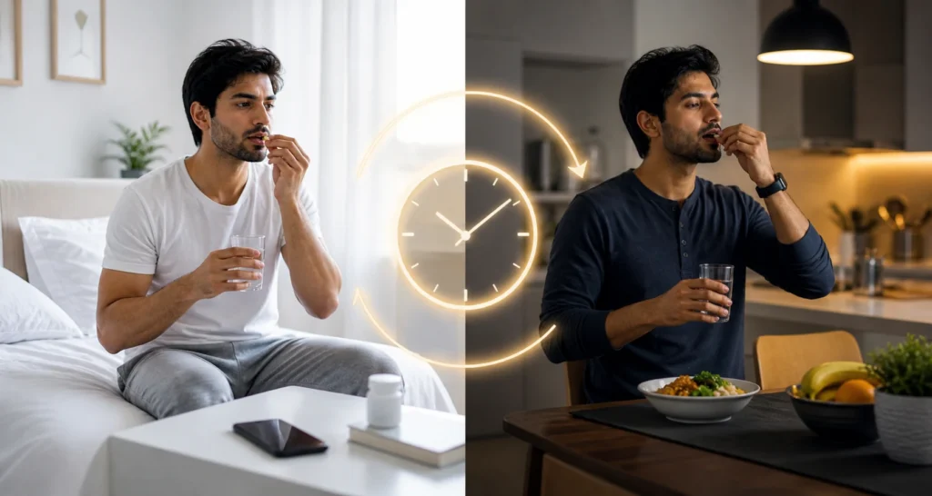 Person taking medicine in morning bedroom and evening kitchen with 12 hour gap routine.