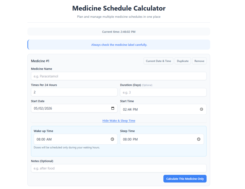 Medicine Schedule Calculator form showing wake-up and sleep time settings for a 2 times a day routine