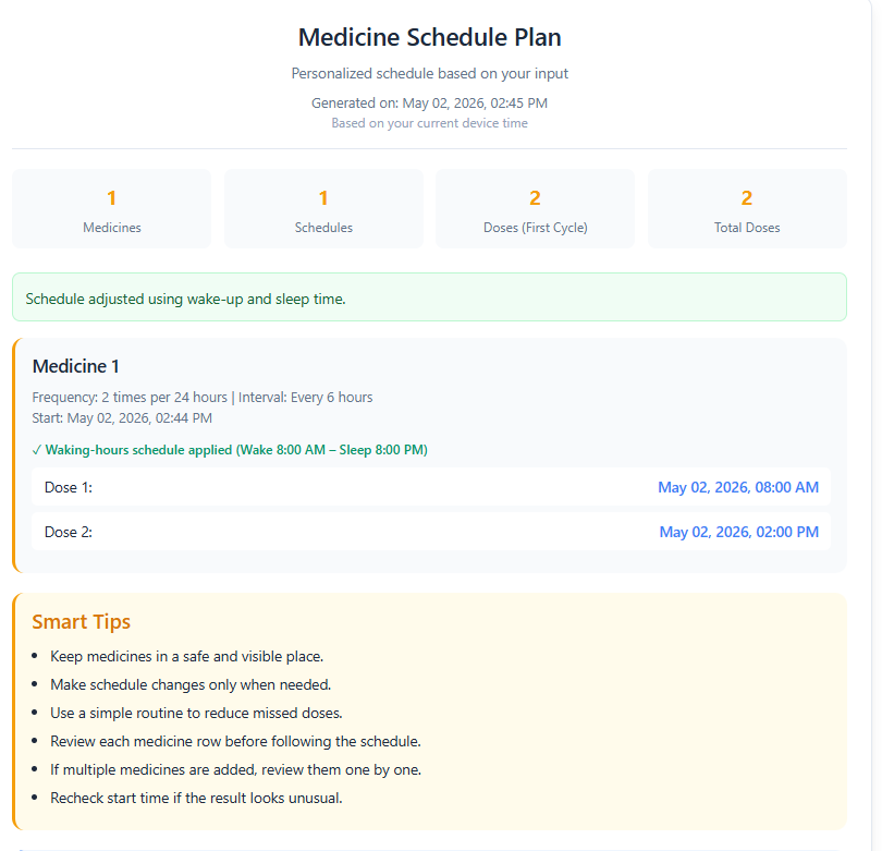 Medicine Schedule Plan result showing 2 times a day doses with wake and sleep time applied