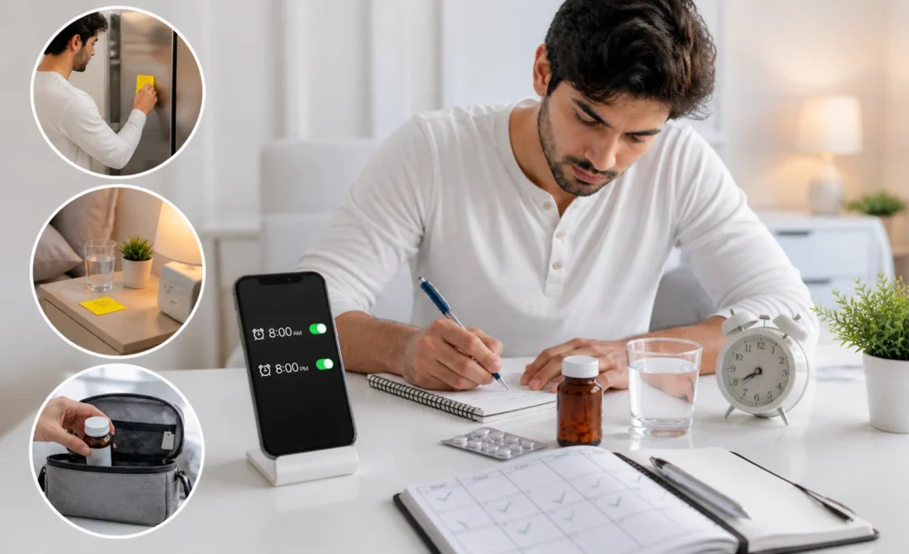 Person setting medicine routine with phone alarms, notes, and clock on a clean white desk.