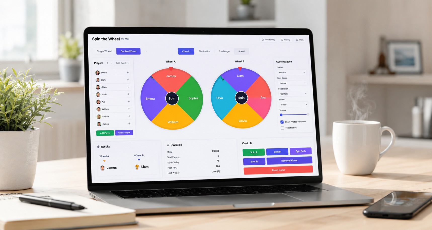 Spin the Wheel Pro Max double wheel mode with customization panel and player images on FlashyTools