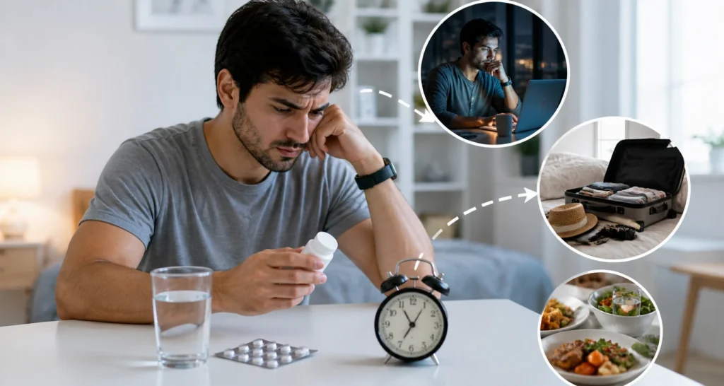 Person confused about medicine timing with clock, meal, and daily routine distractions showing inconsistent schedule.