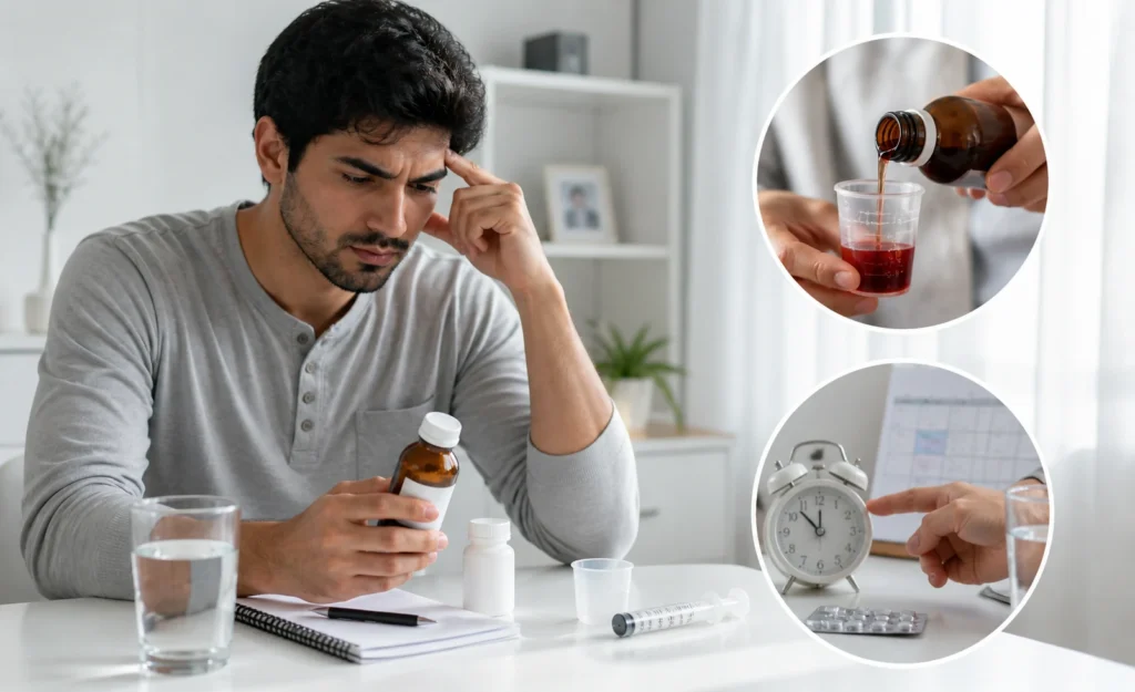 Person checking medicine dose and timing with syringe, bottle, and clock on table.