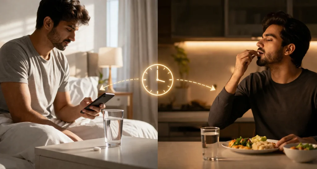 Morning and night medicine routine showing 12-hour gap with person taking medicine in bedroom and kitchen